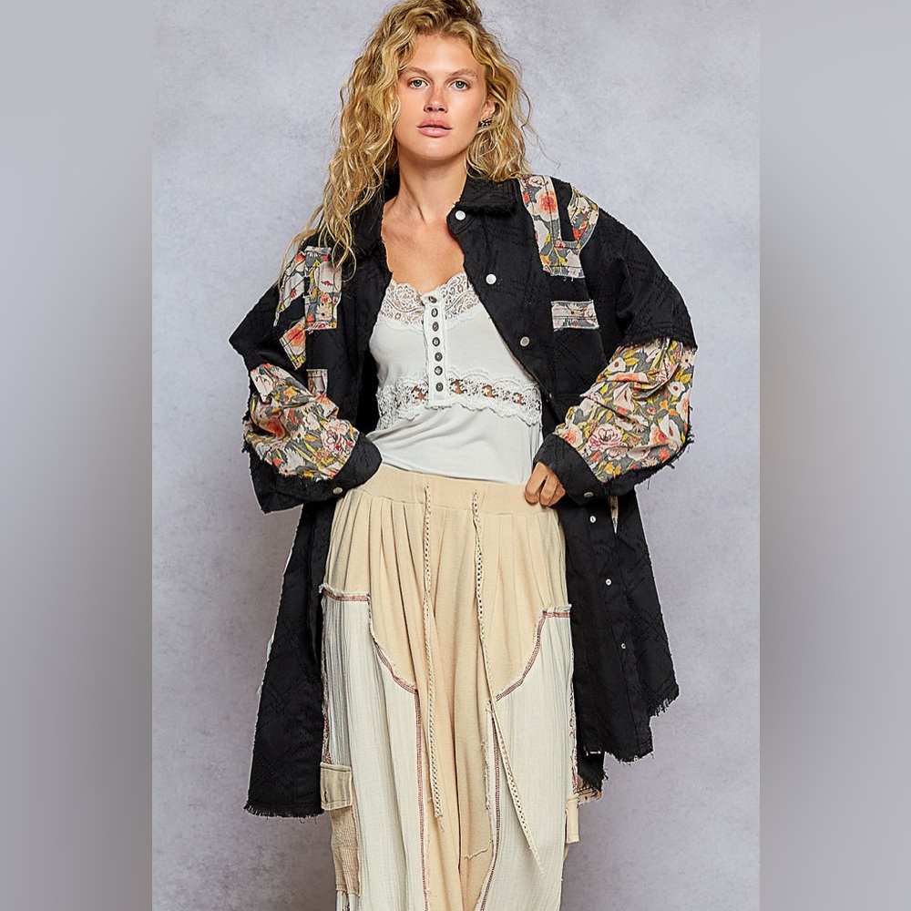 POL Black Patchwork Quilted Coat with Floral Sleeves